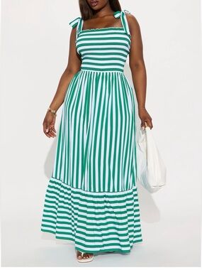 Floor length Green & White Striped Tie-Shoulder Maxi Dress